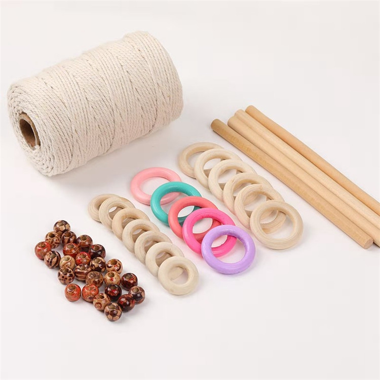 Macrame Kit Cord Organic Cotton Rope 3mm With Wooden Beads Wood Ring Wood Stick For Diy Macrame Kit Wall Hanging Plant Hanger