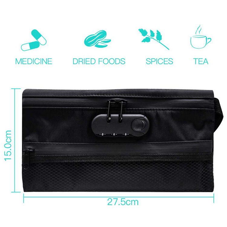 11" X 6" Carbon Lined Black Smell Proof Bag Polyester Fabric With Combo Lock