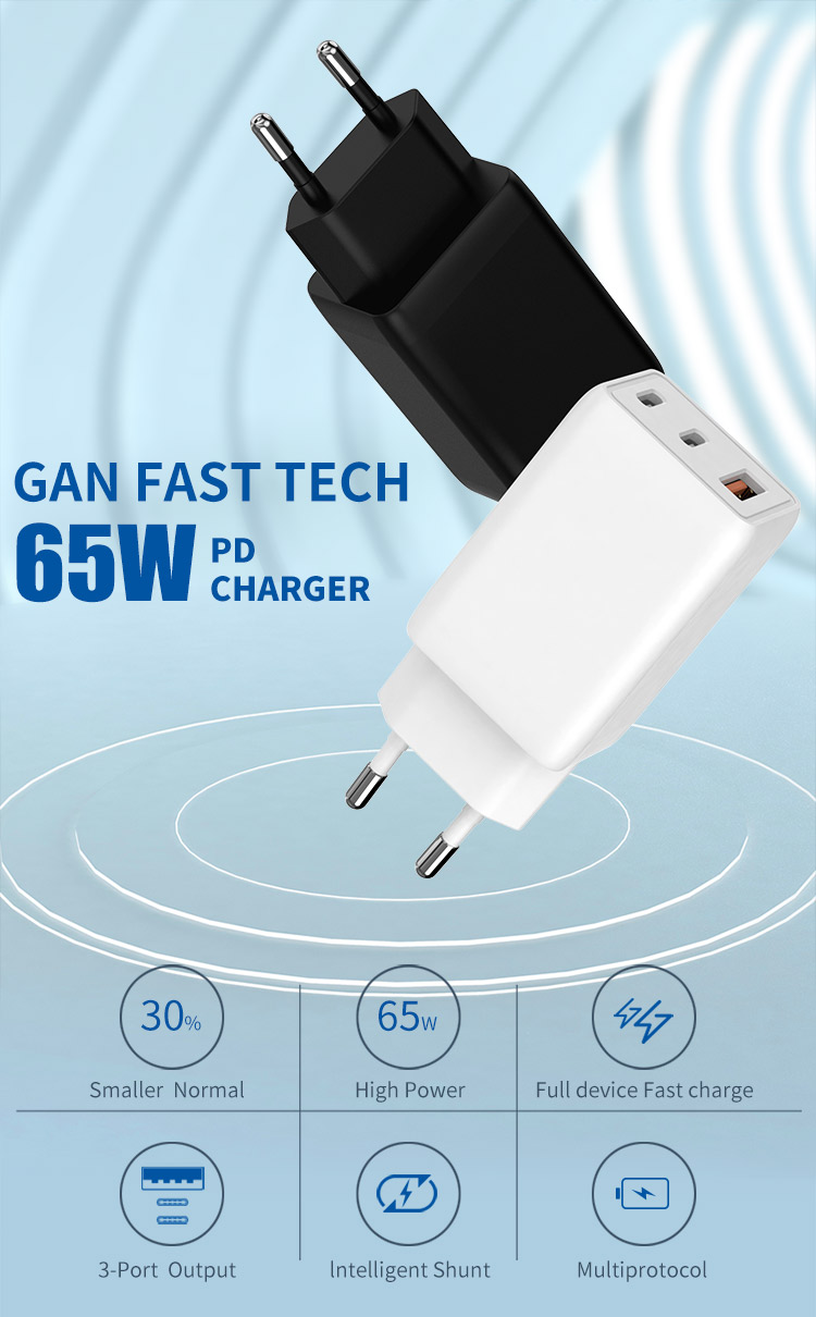 European standard PD 65W Gan charger fast charge Mini 3 interface wall charger newly developed by the factory