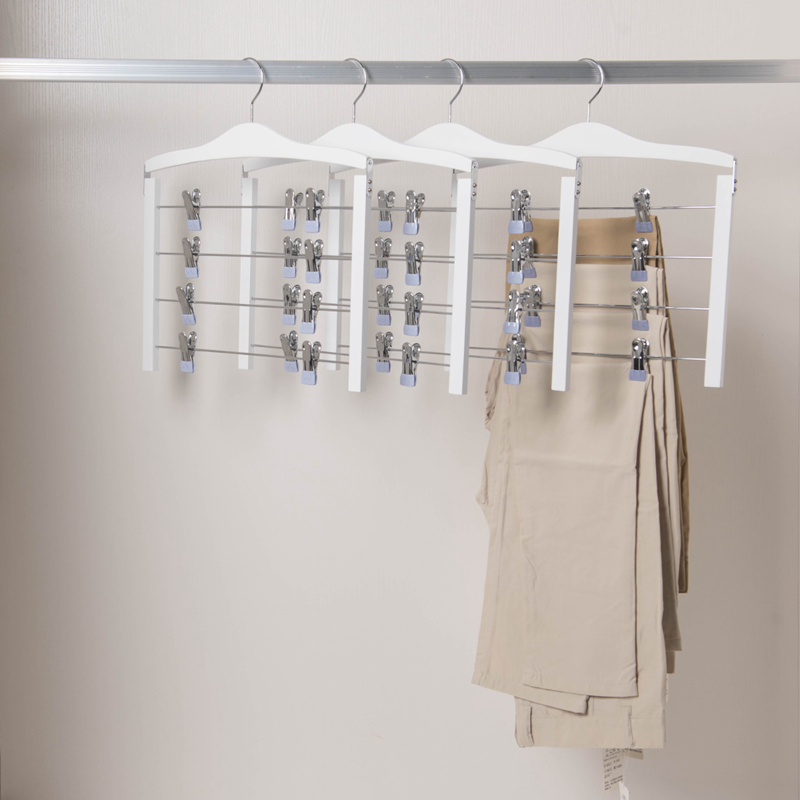 Wooden 4 Tier Non Slip Inlaid Grip Space Saving Pants Bar Clothers Organizer Coat Garment Hangers 4 Tiers Metal Clips Wooden Skirt Hanger