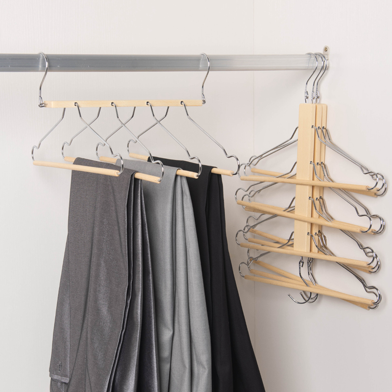 Space Saving Closet Hangers 4 Layers Multi Functional Pants Rack Wood Heavy Duty Wardrobe Organizer Racks for Clothes Trousers Scarves Ties