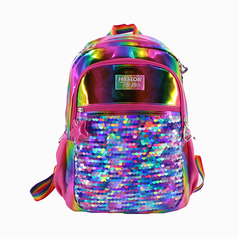Girly Rainbow Laser Leather Rose Red Girls Backpack Kids Sequin School Backpack
