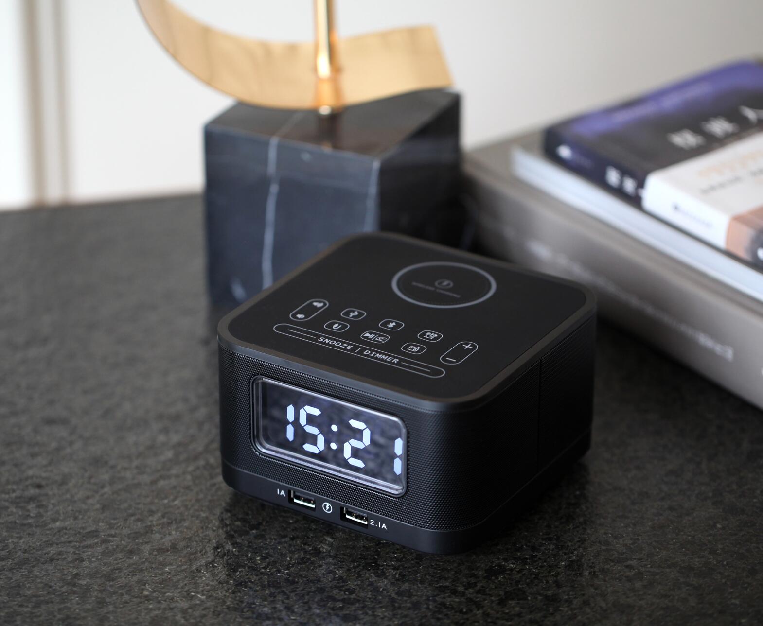 Wireless Charging Bluetooth Speaker with Alarm Clock and FM Radio-Built-in Battery