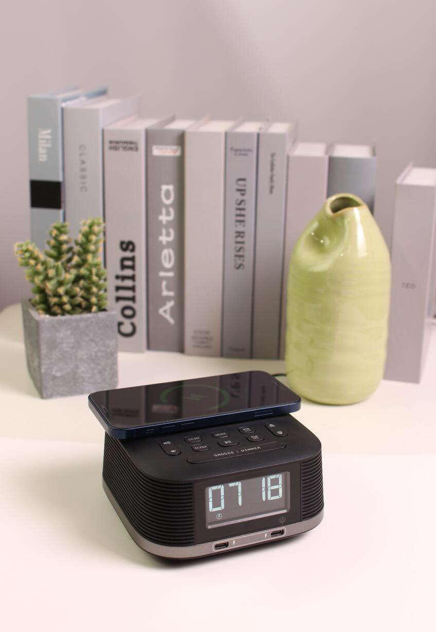 Wireless Charging Bluetooth Speaker with Alarm Clock and Typc-C Port