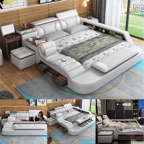 Multifunctional Tatami Intelligent Massage Leather Bed Master Bedroom Double King Bed Nordic Couples Electric Luxury Bed