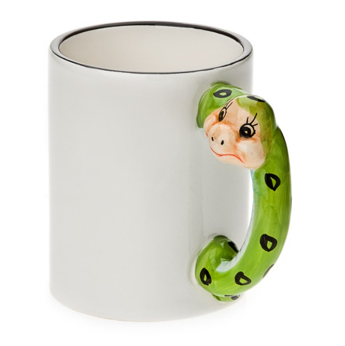 11oz White Ceramic Mug With Custom Snake Handle