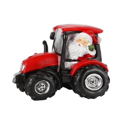 Polyresin Red   White Tractor With Santa Driving