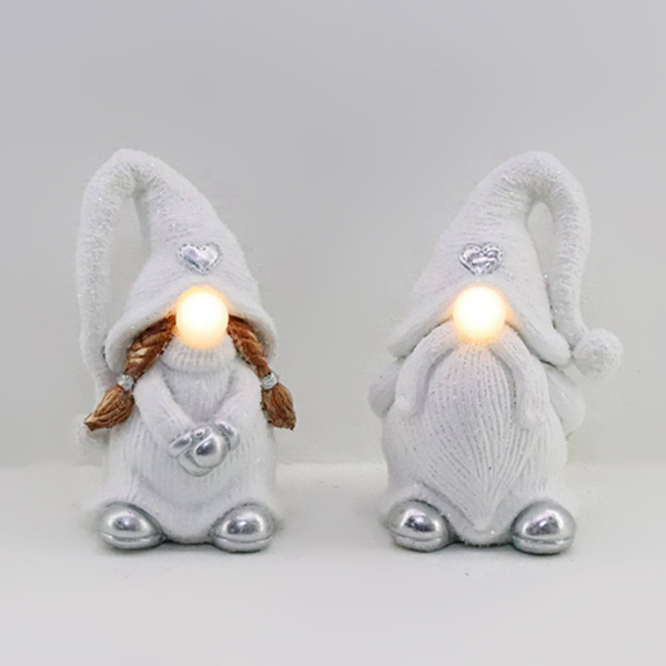 White Christmas Pair Gnome with LED Nose on a Battery Powered