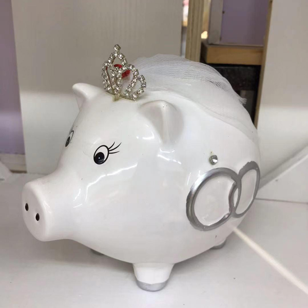 Piggy Bride Bank in White with Crown and Veil Ceramic
