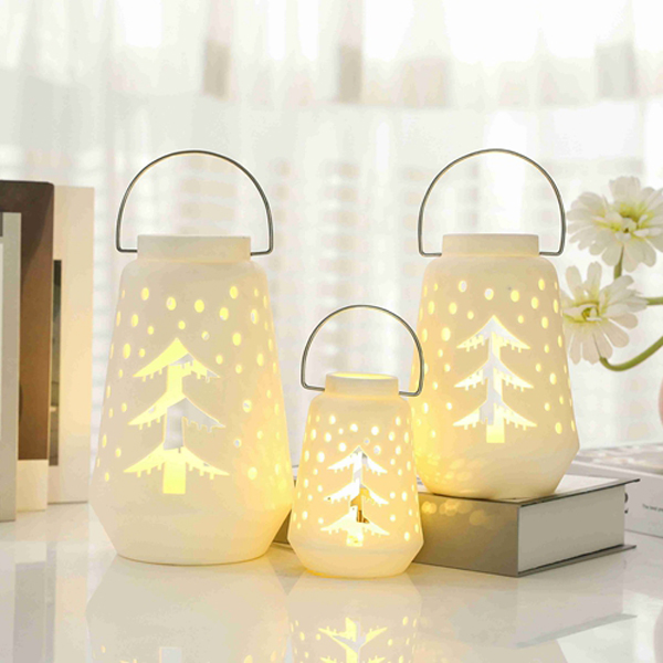 Snowy scene cutout ceramic LED lantern for Christmas