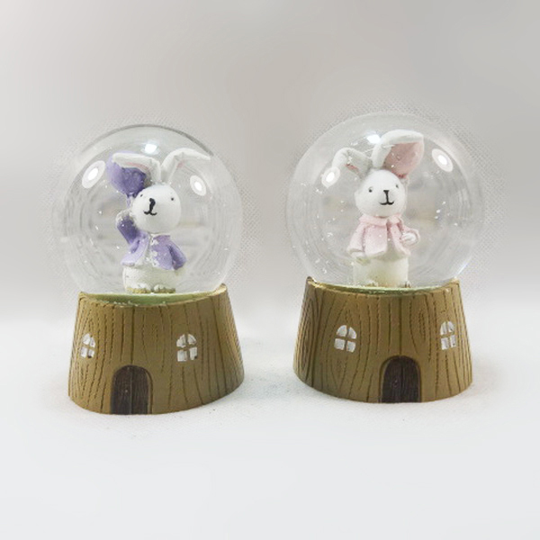 Mini Rabbit Snow Globe with Wood Effect House Base