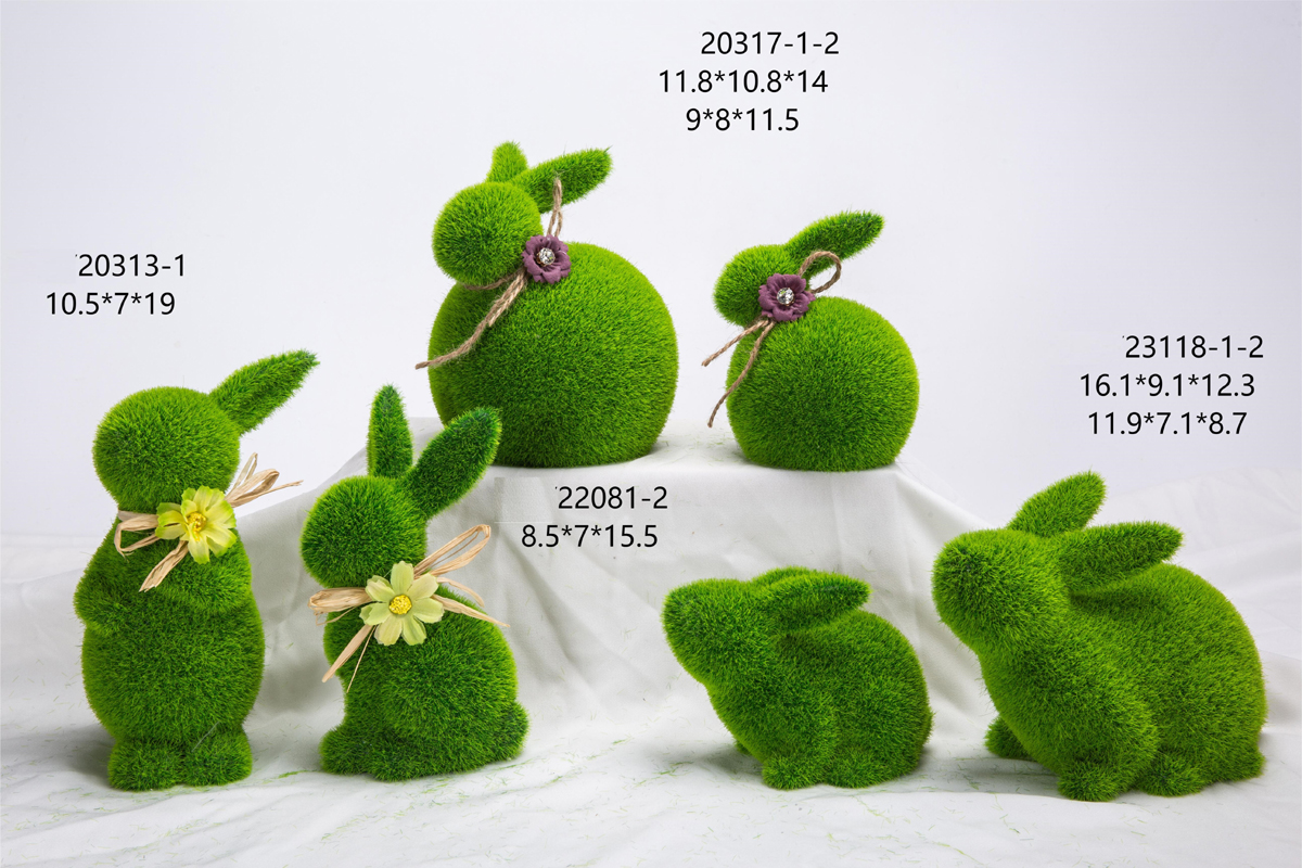 Wholesale Home Ornament Rabbit Decorations Easter Green Flocking Grass Ceramic Plush Moss Bunny