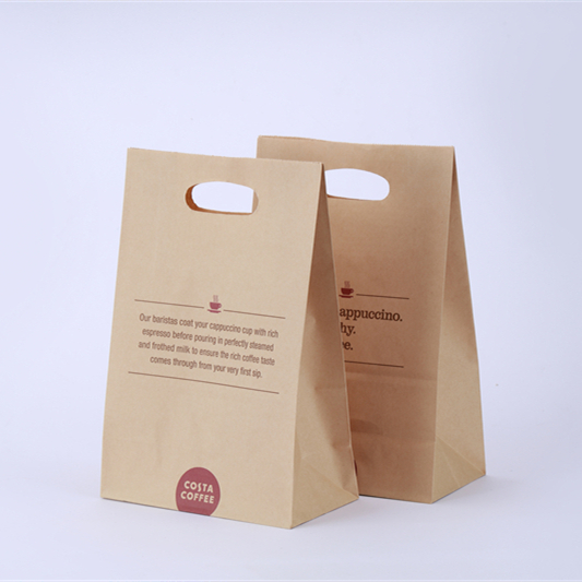 Custom Made Flat Paper Handles Brown Takeout Takeaway Fast Food Kraft Paper Bag For Restaurant Packaging