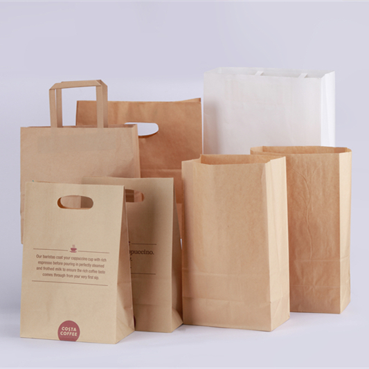 Custom Made Flat Paper Handles Brown Takeout Takeaway Fast Food Kraft Paper Bag For Restaurant Packaging